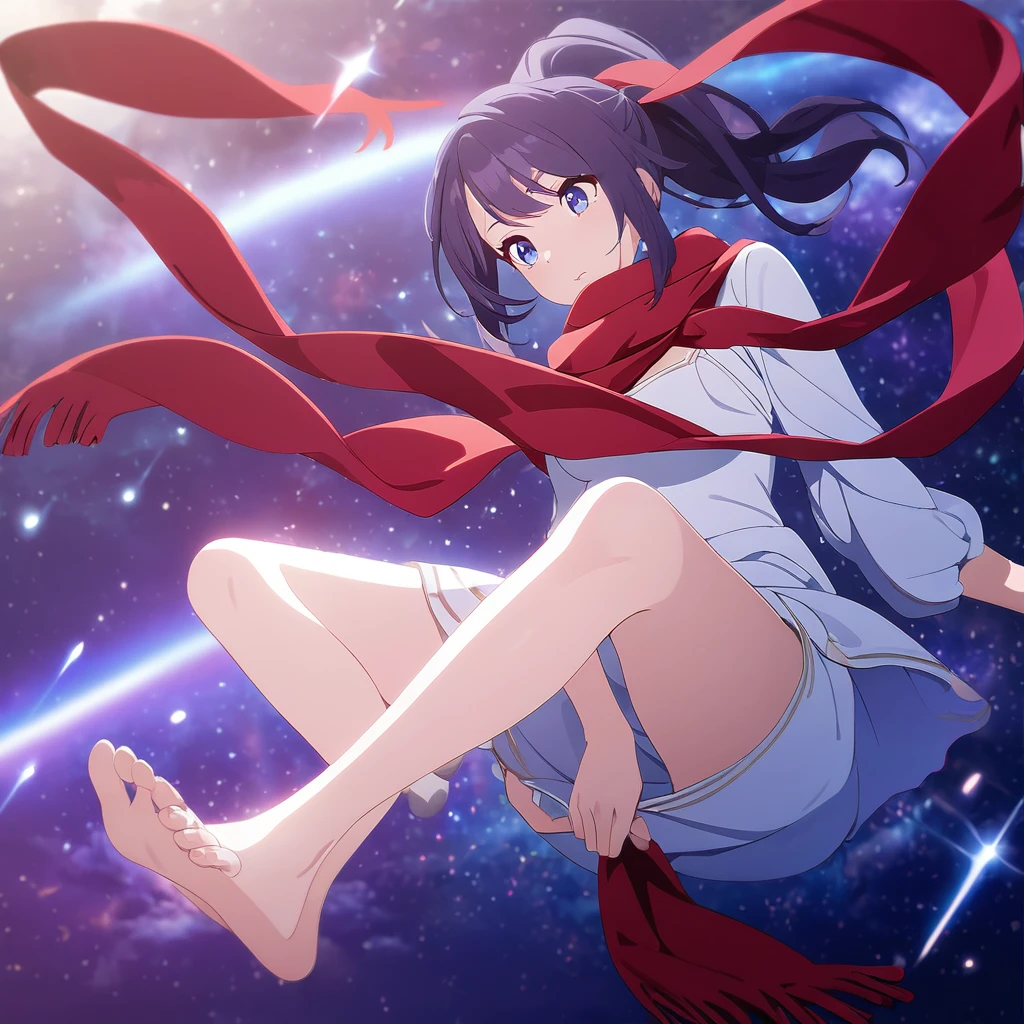 (((masterpiece))), (((Highest quality))),(((High detail))),Light manipulation, Girl with a ponytail, Gradient purple to sky blue eyes, Wearing a white dress, Red scarf, Galaxy Background, , feet, No footwear