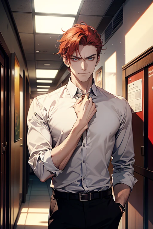 (tmasterpiece, high resolution, ultra - detailed:1.0), (1 male, masculine face), Perfect male body, tall and strong, Adult male, Delicate eyes and delicate face, Extremely detailed CG, Unity 8k wallpaper, Complicated details, Detailed face smile in love, (shot red hair, serious faces, white shirts,Bad students), (frown,evil smile in love:1.3), stad in school corridor, street style, color difference, Depth of field, dramatic shadow, Ray tracing, Best quality, Cinematic lighting, offcial art,Portrait