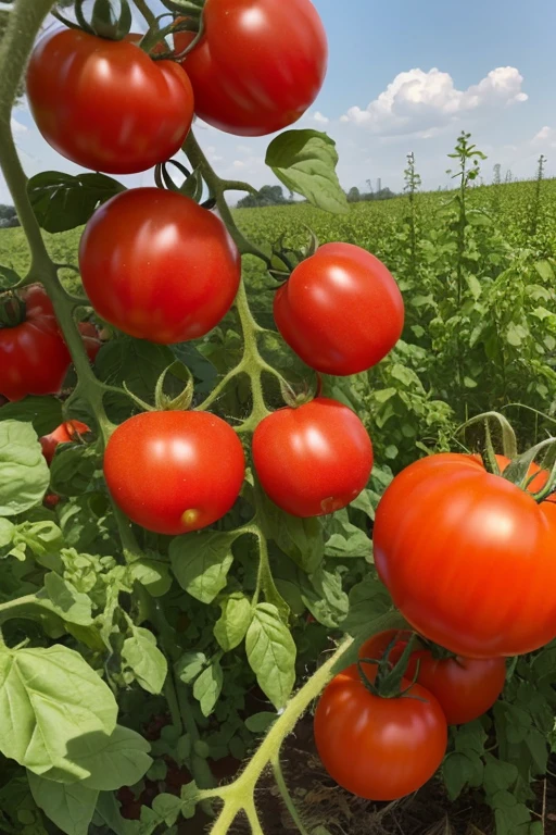 Bright red tomatoes ready to be harvested in the field