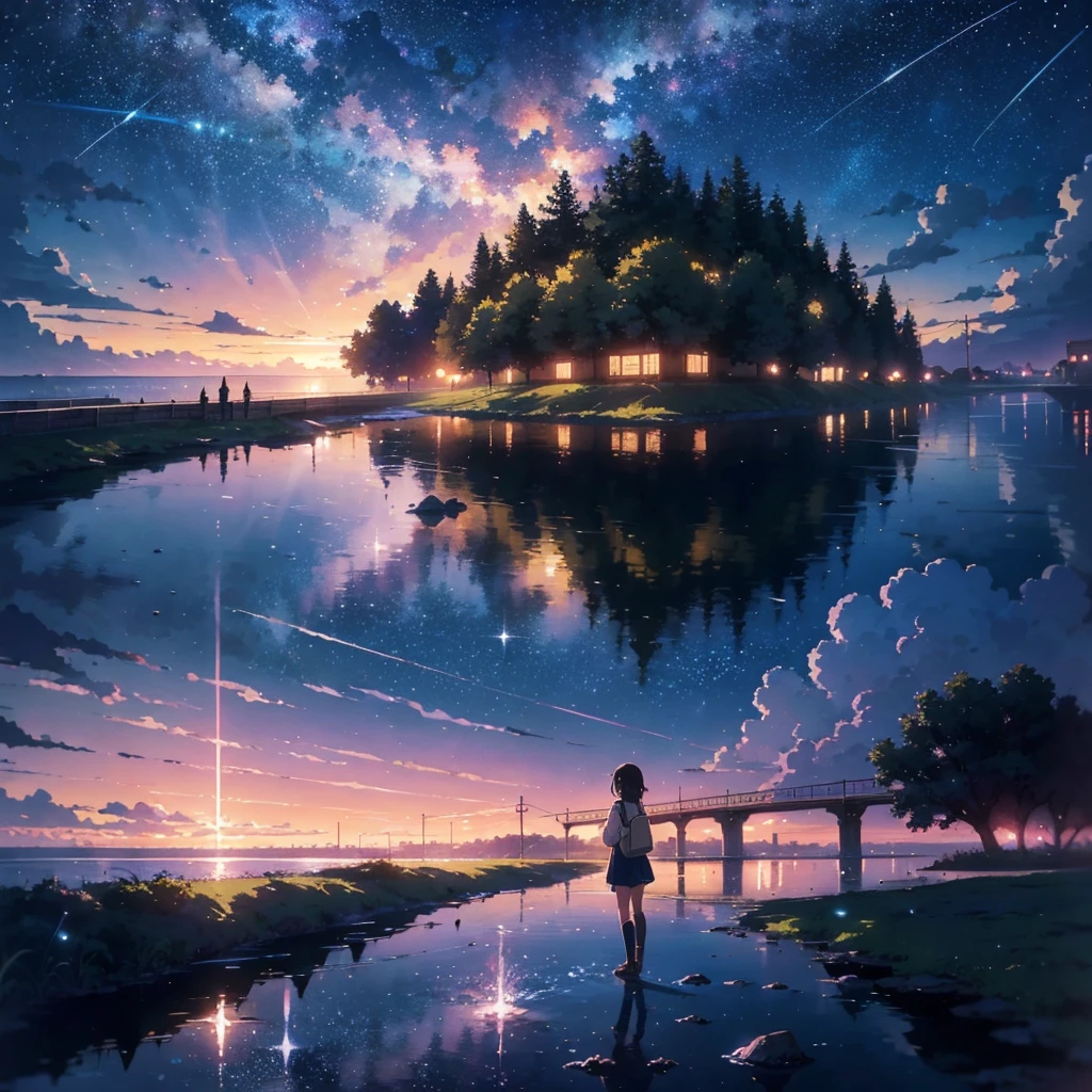 masterpiece, Concept Art, Panorama, figure, Wide Shot, One girl, Are standing, cliff, Flower Field, night, (Meteors), Space galaxy background, (A magnificent composition, Epic proportions), Dynamic Lighting, 鮮やかなcolor, makoto shinkai, Your name is inspiration, High quality masterpiece, landscape, Animated train passing through water on the tracks, Bright starry sky. break Romantic train, Pixiv, Concept Art, Lofi Art style, reflection. by Makoto Shinkai, Lofi Art, Beautiful anime scene, break Anime landscape, detailedなlandscape —幅672, in Makoto Shinkai's Style, Makoto Shinkai's Style, 強化されたdetailed, break,detailed,Realistic,4K の非常にdetailedなデジタルアート,Octane Rendering, Bioluminescent, break 8K resolution Concept Art, realism,Mappa Studio,masterpiece,Highest quality,Official Art,figure,Clear lines,(nice_color),Perfect composition,Absurd, Fantasy,Concentration,Three-part method