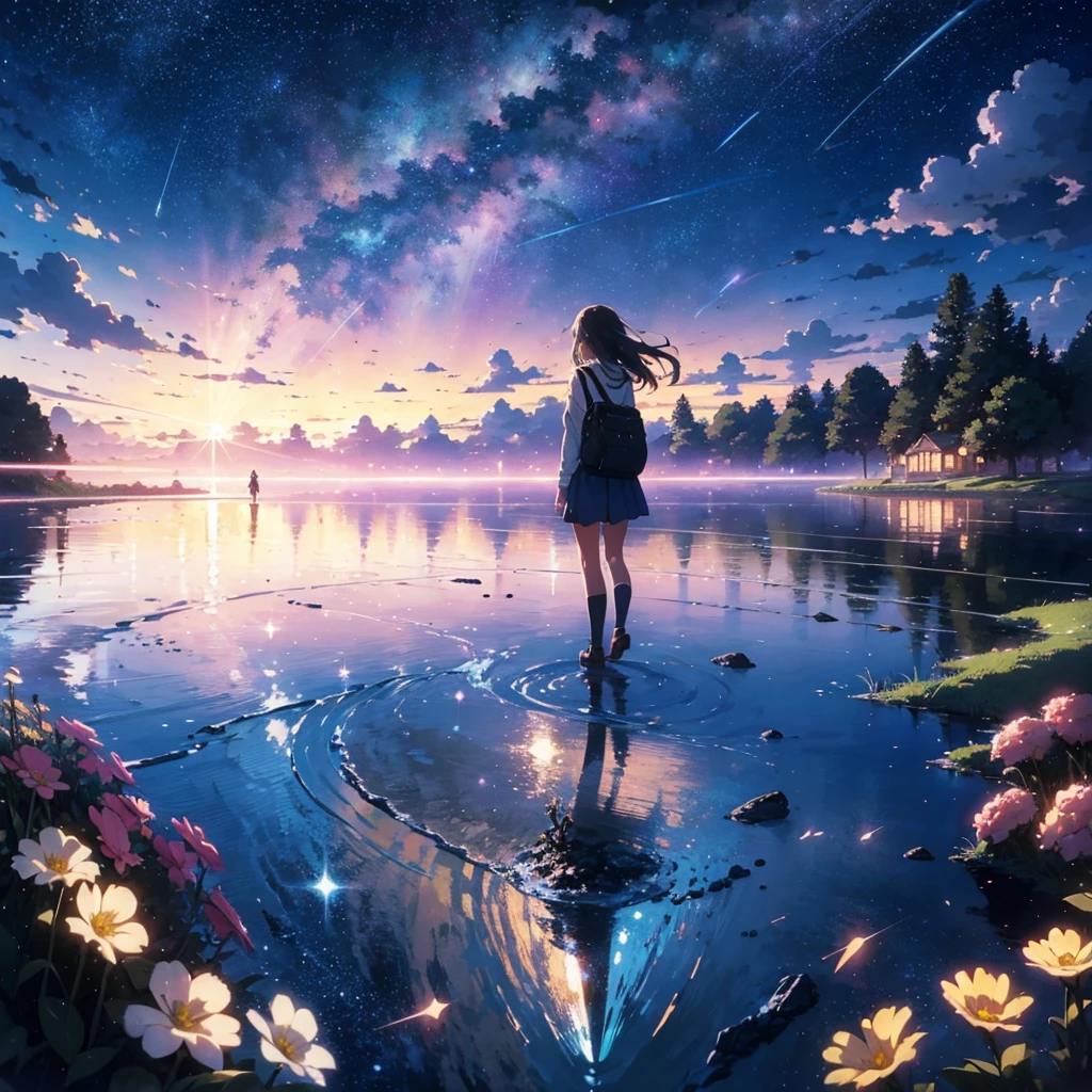 masterpiece, Concept Art, Panorama, figure, Wide Shot, One girl, Are standing, cliff, Flower Field, night, (Meteors), Space galaxy background, (A magnificent composition, Epic proportions), Dynamic Lighting, 鮮やかなcolor, makoto shinkai, Your name is inspiration, High quality masterpiece, landscape, Animated train passing through water on the tracks, Bright starry sky. break Romantic train, Pixiv, Concept Art, Lofi Art style, reflection. by Makoto Shinkai, Lofi Art, Beautiful anime scene, break Anime landscape, detailedなlandscape —幅672, in Makoto Shinkai's Style, Makoto Shinkai's Style, 強化されたdetailed, break,detailed,Realistic,4K の非常にdetailedなデジタルアート,Octane Rendering, Bioluminescent, break 8K resolution Concept Art, realism,Mappa Studio,masterpiece,Highest quality,Official Art,figure,Clear lines,(nice_color),Perfect composition,Absurd, Fantasy,Concentration,Three-part method