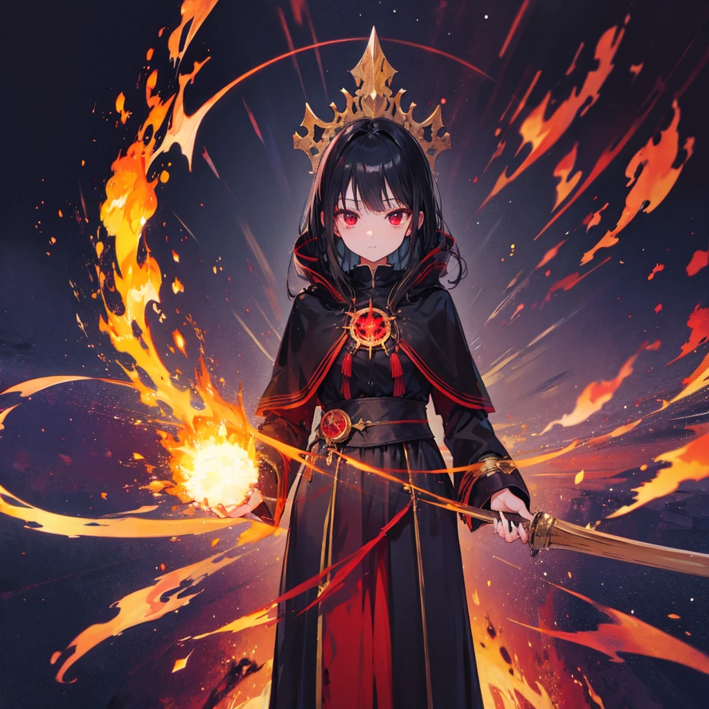 ((((witch)))) (((wand of flame Stand on a magic circle))) ((Black Hair witchの帽子 Red eyes Looking down)) ((explosion fire beam)) (Magic Robe Black Hole) incantation Runes Shining Background Shining Edge