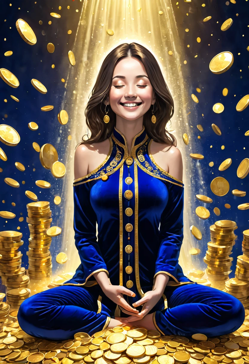 Beautiful woman meditating, smiling, wearing royal blue velvet clothes, shower of gold light, coins falling, stacked gold bullion, banknotes and coins