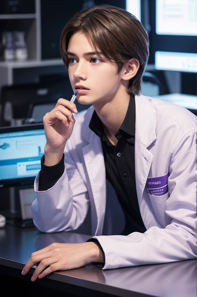 Best quality, refreshing boy, 16 years old, slender, brown hair, purple eyes, cyber laboratory, dark future laboratory, cyber dark room, researcher, white lab coat, biting pen with left hand, left hand biting ballpoint pen with teeth, left hand biting ballpoint pen, left hand holding pen, thinking, thinking, body facing right, sitting on luxurious black chair