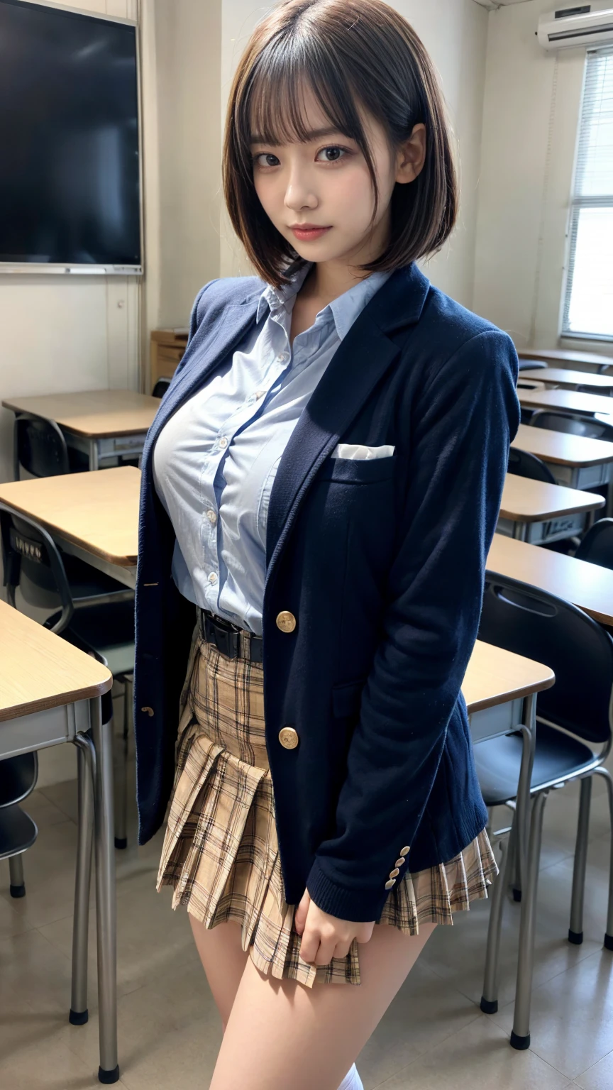 masterpiece, best quality, illustration, Super detailed, fine details, High resolution, 8K,wall paper, perfect dynamic composition,(Details High quality, realistic depiction of eyes:1.3), from side, High School Classroom、High school girl uniform、blazer 、Super Short Check Uniform Skirt、Navy blue high socks、garterbelts、Colossal tits、Disturbed uniform, short bob hair, black hair color, large breasts, Big Natural Color Lip, bold sexy pose, (perfect body shape), crying a little、cold gaze, Harajuku style、20 year old girl、cute type, beautiful legs, hposing Gravure Idol, Voluptuous thighs