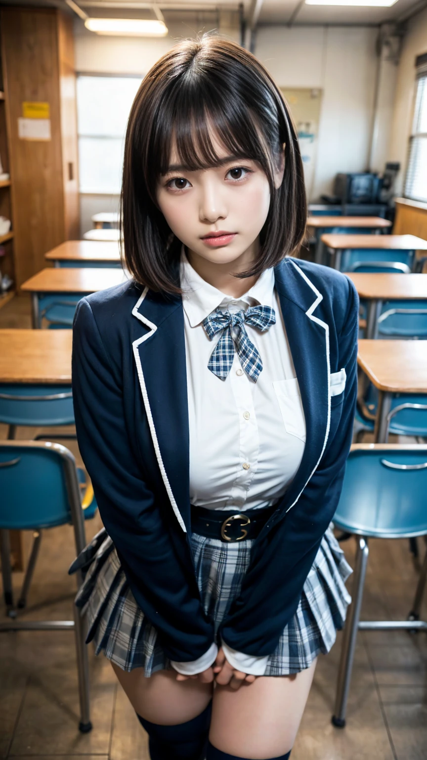 masterpiece, best quality, illustration, Super detailed, fine details, High resolution, 8K,wall paper, perfect dynamic composition,(Details High quality, realistic depiction of eyes:1.3), from side, High School Classroom、High school girl uniform、blazer 、Super Short Check Uniform Skirt、Navy blue high socks、garterbelts、Colossal tits、Disturbed uniform, short bob hair, black hair color, large breasts, Big Natural Color Lip, bold sexy pose, (perfect body shape), crying a little、cold gaze, Harajuku style、20 year old girl、cute type, beautiful legs, hposing Gravure Idol, Voluptuous thighs