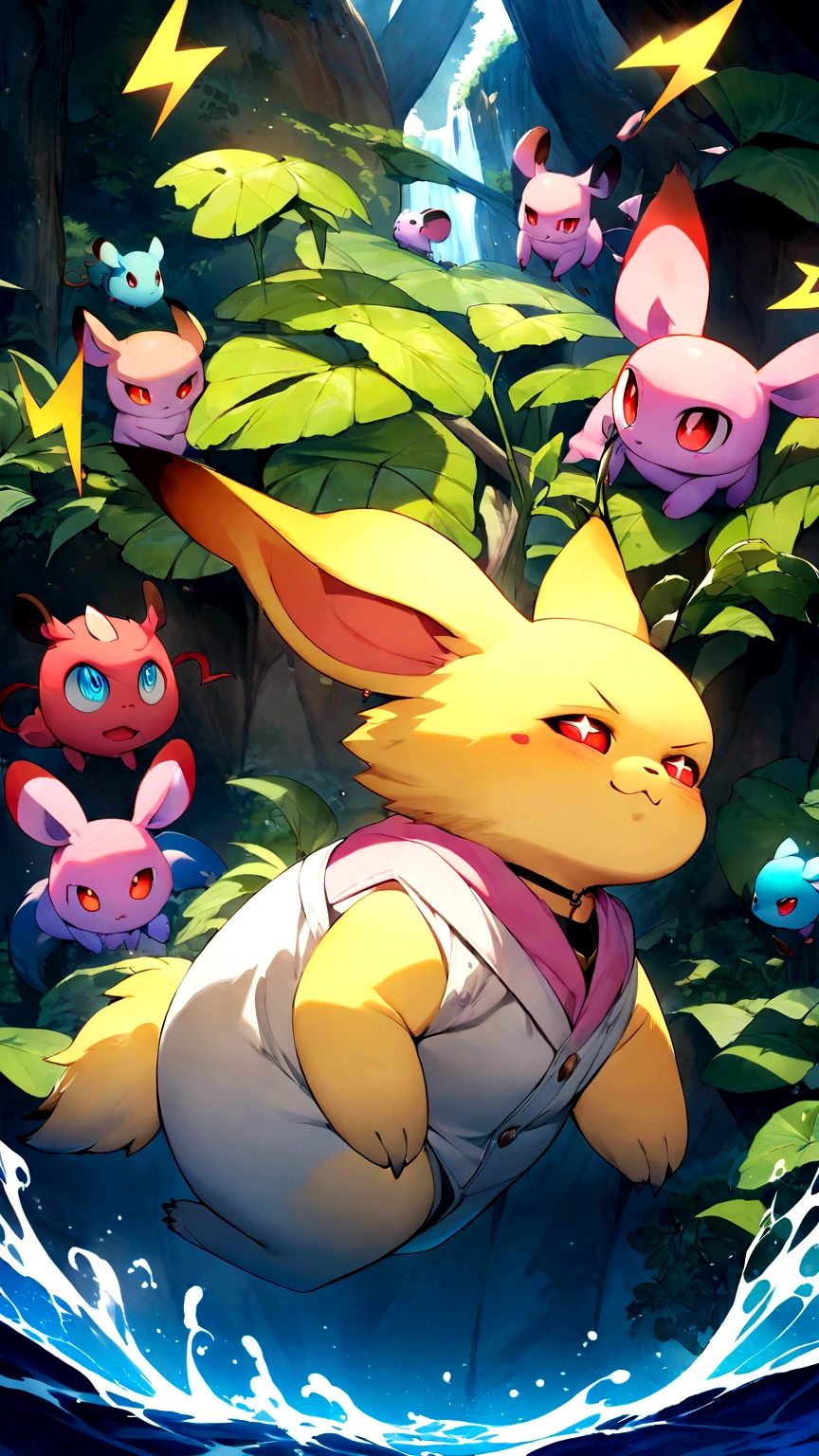 Create an ultra-high-quality anime-style image of a small, yellow, electric mouse-like creature with large, expressive eyes and red cheeks. This iconic character should have long, pointy ears with black tips and a lightning bolt-shaped tail. The creature is known for its playful and energetic personality. The scene should be highly detailed, showcasing the character in a vibrant, natural setting with lush greenery and sparkling water. The lighting should highlight the creature's yellow fur texture and the vibrant colors of the environment. The overall image should be a stunning CG masterpiece, with meticulous attention to details, capturing the essence of this beloved electric creature from the world of pocket monsters. Exclude any additional creatures or characters to focus solely on the main character.