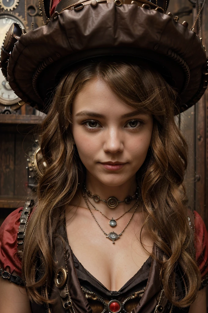 close up, straight blonde hair short curly boy girl the little red hat, watch on necklace, (victorian era), ((steampunk)), cinematography, job, elegant, meticulous, Magnificent, maximum detail, extremely hyperaesthetic, intricately detailed, many gears, old town background