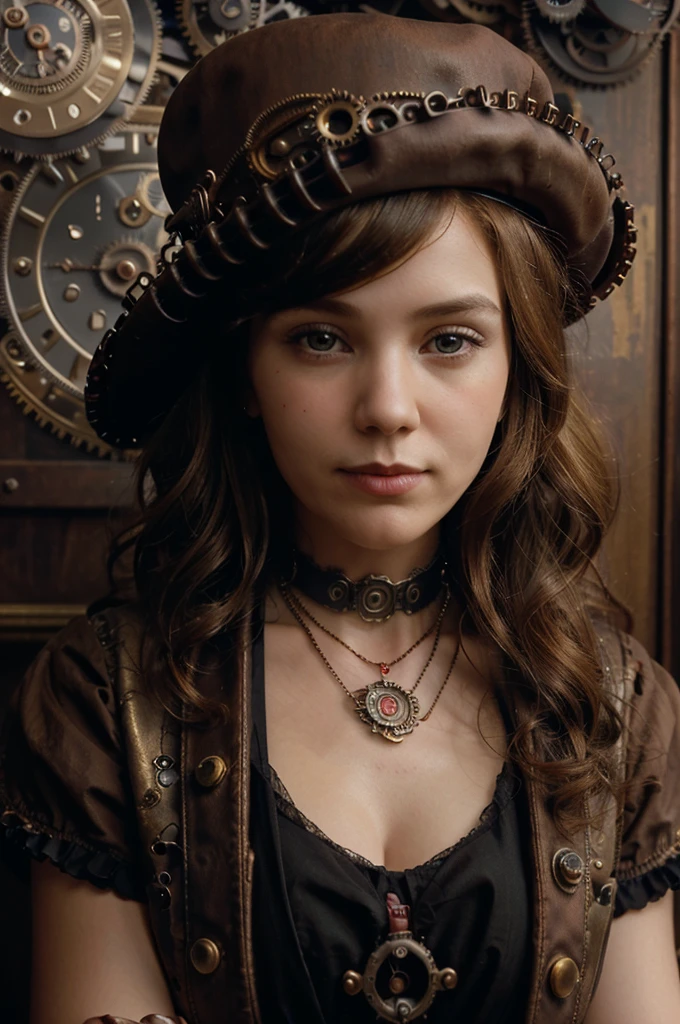 close up, straight blonde hair short curly boy girl the little red hat, watch on necklace, (victorian era), ((steampunk)), cinematography, job, elegant, meticulous, Magnificent, maximum detail, extremely hyperaesthetic, intricately detailed, many gears, old town background