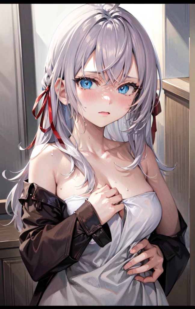 work of art, high resolution, highest quallity, illustration, cinematic light, ultra detaild, face detailed, (((detailedeyes))), best qualityer, hyper detailled, work of art, (face detailed), Alisa Kujou, 1 girl, long hair, blue colored eyes, no clothes just a towel 