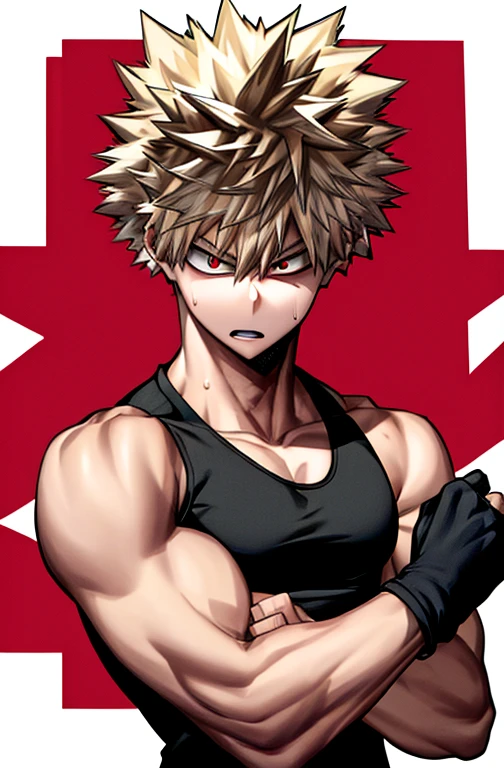 horikoshi kouhei, 1 boy, most absurd, Bakugou Katsuki, bare shoulders, black tank top, blond hair, blurry, blurry background, boku no hero academia, chama kou, highres, to look away, male focus, muscular, muscular male, open mouth, red eye, shorth hair, spiky hair, Sweat, Tank top, (extrem muscular)), (, musculare Beine , musculare Arme, muscularer Oberkörper, musculare Bauchmuskeln , musculare Schultern,)