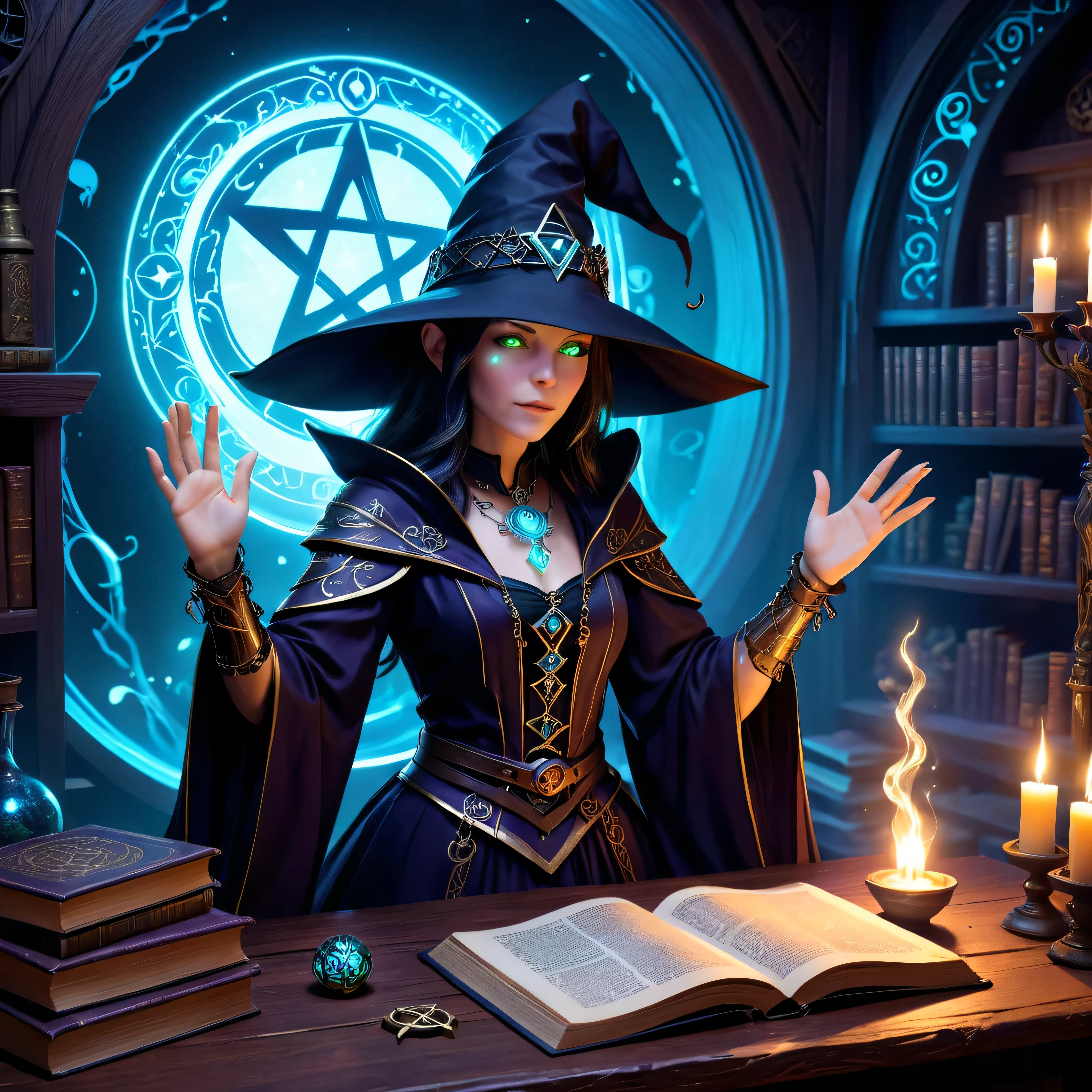 depicts a modern-day witch (Kat Beckinsale) who has embraced the world of cybernetics to enhance her magical abilities. The artwork should convey the enchanting blend of traditional witchcraft and futuristic technology. Here are some specific elements to include: The Witch's Lair: The setting should be a cozy yet slightly eerie room, filled with magical books, crystal balls, potion ingredients, and antique furnishings. The room should be dimly lit by candles and a soft, mystical glow emanating from her cybernetic enhancements. The Cyborg Witch: The central focus of the artwork is the witch herself. She's a striking figure with a mix of traditional witch attire and cybernetic enhancements. Her clothing should have a witchy, occult aesthetic, with flowing robes, a pointed hat, and an intricate pentagram necklace. Her arms, however, have been upgraded with cybernetic components that incorporate magical symbols and glowing runes. Magical Interface: The witch is in the midst of casting a spell, with a holographic, touch-screen interface floating before her. This interface includes spell incantations, arcane symbols, and digital components, demonstrating her fusion of magic and technology. Spell Ingredients: On a nearby table, there should be a collection of spell ingredients, like herbs, potions, and magical artifacts. Some of these items may have been modified with cybernetic enhancements, blurring the line between the natural and the technological. Familiar: The witch's familiar, perhaps a cat or raven, should be present in the scene, serving as her magical companion. The familiar could also have subtle cybernetic enhancements or glowing eyes. Glowing Runes: The room should be adorned with ancient symbols and glowing runes on the walls and floor, contributing to the magical atmosphere. Aetherial Lighting: Use a combination of mystical, ethereal lighting and cybernetic glows to create a captivating interplay of light and shadow. The contrast between the tradit
