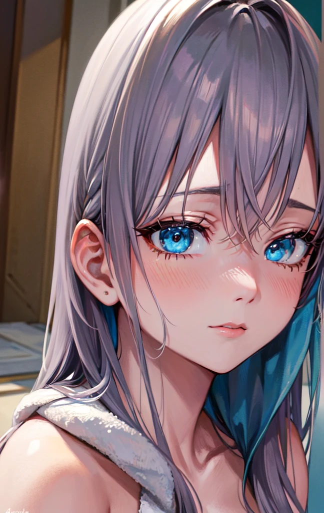 work of art, high resolution, highest quallity, illustration, cinematic light, ultra detaild, face detailed, (((detailedeyes))), best qualityer, hyper detailled, work of art, (face detailed), Alisa Kujou, 1 girl, long hair, blue colored eyes, no clothes just a towel