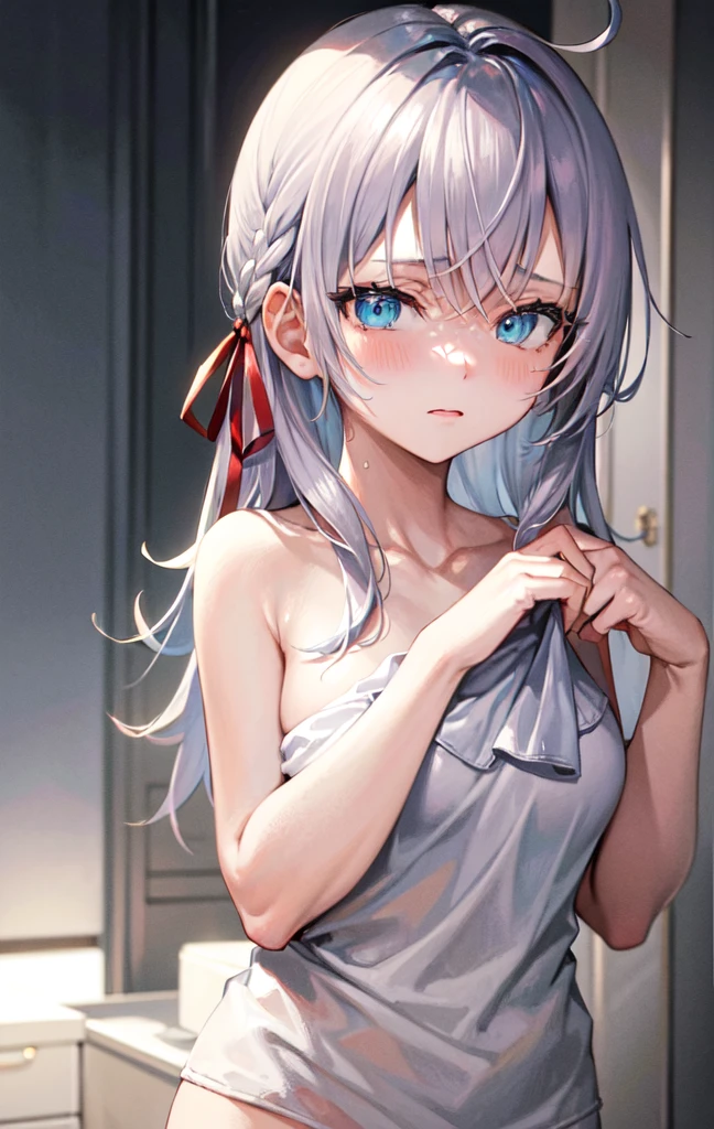 work of art, high resolution, highest quallity, illustration, cinematic light, ultra detaild, face detailed, (((detailedeyes))), best qualityer, hyper detailled, work of art, (face detailed), Alisa Kujou, 1 girl, long hair, blue colored eyes, naked with just a towel around her. open air. whole body 