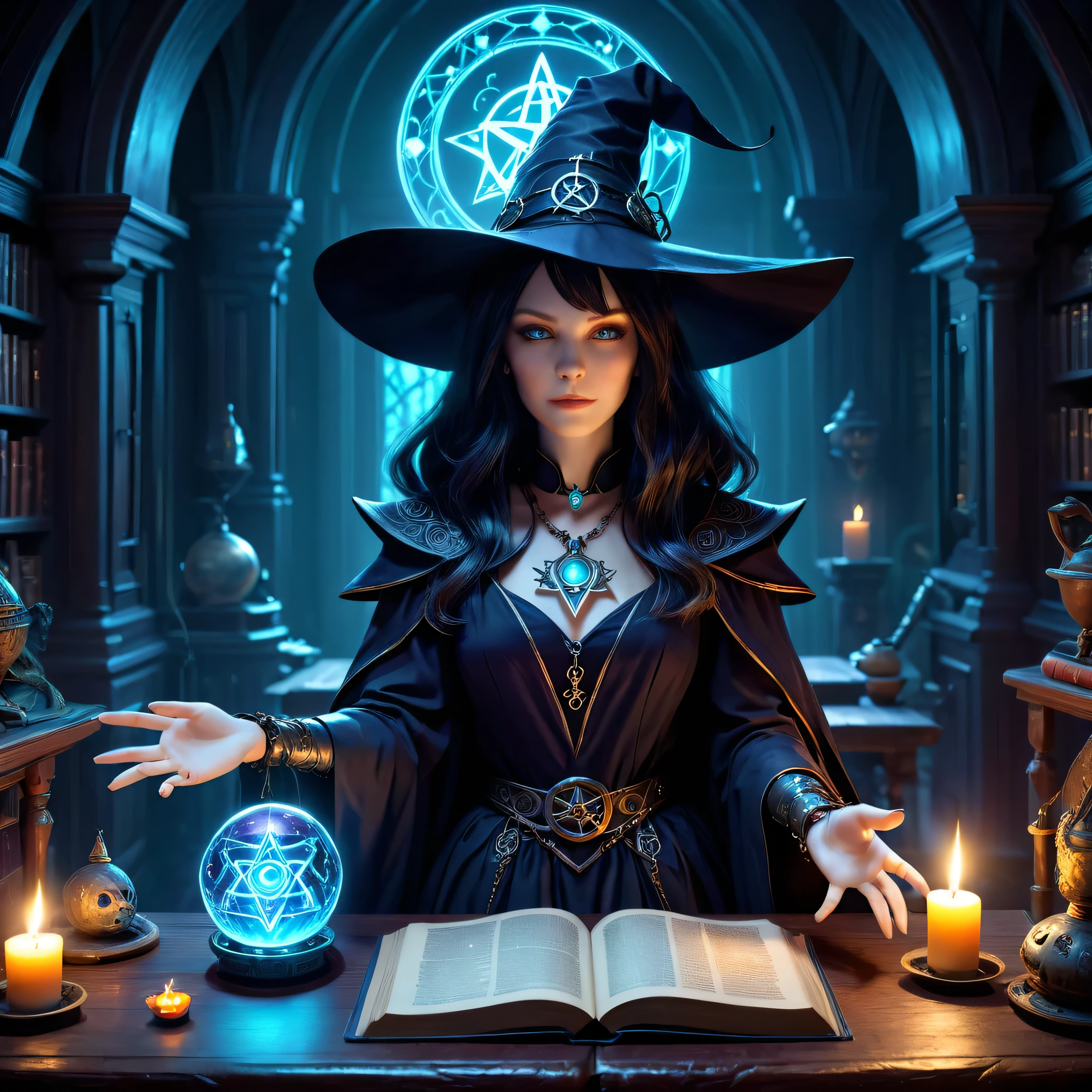 depicts a modern-day witch (Kat Beckinsale) who has embraced the world of cybernetics to enhance her magical abilities. The artwork should convey the enchanting blend of traditional witchcraft and futuristic technology. Here are some specific elements to include: The Witch's Lair: The setting should be a cozy yet slightly eerie room, filled with magical books, crystal balls, potion ingredients, and antique furnishings. The room should be dimly lit by candles and a soft, mystical glow emanating from her cybernetic enhancements. The Cyborg Witch: The central focus of the artwork is the witch herself. She's a striking figure with a mix of traditional witch attire and cybernetic enhancements. Her clothing should have a witchy, occult aesthetic, with flowing robes, a pointed hat, and an intricate pentagram necklace. Her arms, however, have been upgraded with cybernetic components that incorporate magical symbols and glowing runes. Magical Interface: The witch is in the midst of casting a spell, with a holographic, touch-screen interface floating before her. This interface includes spell incantations, arcane symbols, and digital components, demonstrating her fusion of magic and technology. Spell Ingredients: On a nearby table, there should be a collection of spell ingredients, like herbs, potions, and magical artifacts. Some of these items may have been modified with cybernetic enhancements, blurring the line between the natural and the technological. Familiar: The witch's familiar, perhaps a cat or raven, should be present in the scene, serving as her magical companion. The familiar could also have subtle cybernetic enhancements or glowing eyes. Glowing Runes: The room should be adorned with ancient symbols and glowing runes on the walls and floor, contributing to the magical atmosphere. Aetherial Lighting: Use a combination of mystical, ethereal lighting and cybernetic glows to create a captivating interplay of light and shadow. The contrast between the tradit
