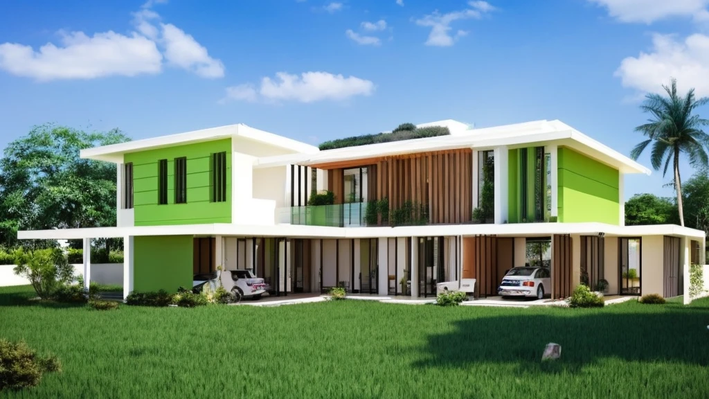 1 story modern house,Light Green,luxurious, long,Rice field atmosphere