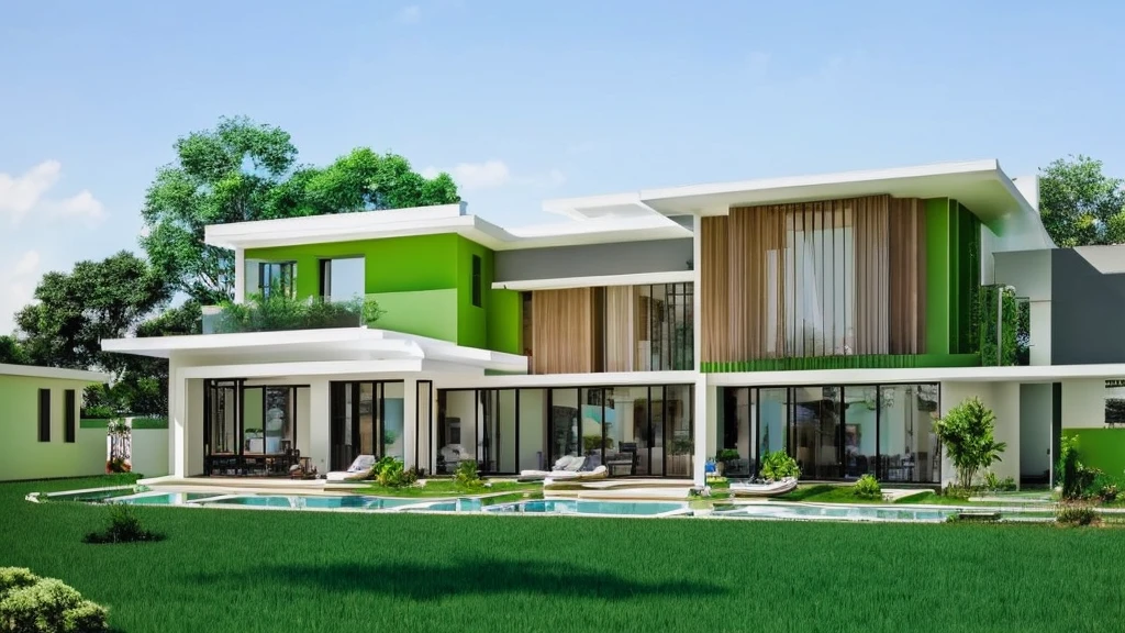 1 story modern house,Light Green,luxurious, long,Rice field atmosphere