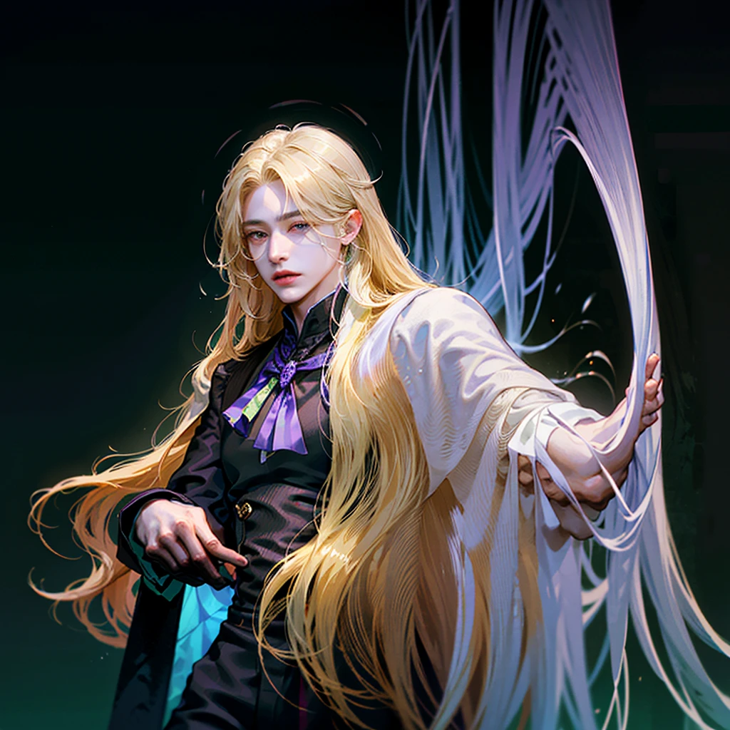 German ethnic boy with long blonde hair, long lock hanging in front, pale skin, green left eye, purple right eye, hairless skin, White shirt, elegant brown suit, Black pants, with a perfect face, handsome, attractive, with a gentle and dominant aura