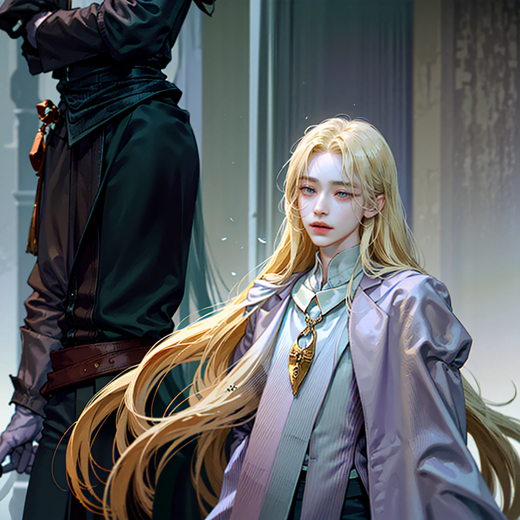 German ethnic boy with long blonde hair, long lock hanging in front, pale skin, green left eye, purple right eye, hairless skin, White shirt, elegant brown suit, Black pants, with a perfect face, handsome, attractive, with a gentle and dominant aura