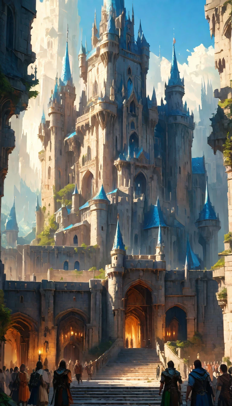 Close-up of a castle with lots of people walking around, by Marc Simonetti. Complex, Symmetrical epic fantasy art, Fantasy architecture, style of by Marc Simonetti, art style of by Marc Simonetti, by Marc Simonettiに触発された, Elven Palace in Gematar, Warcraft Architecture, A magnificent castle with a tall spire, High Fantasy Castle,Real,8K