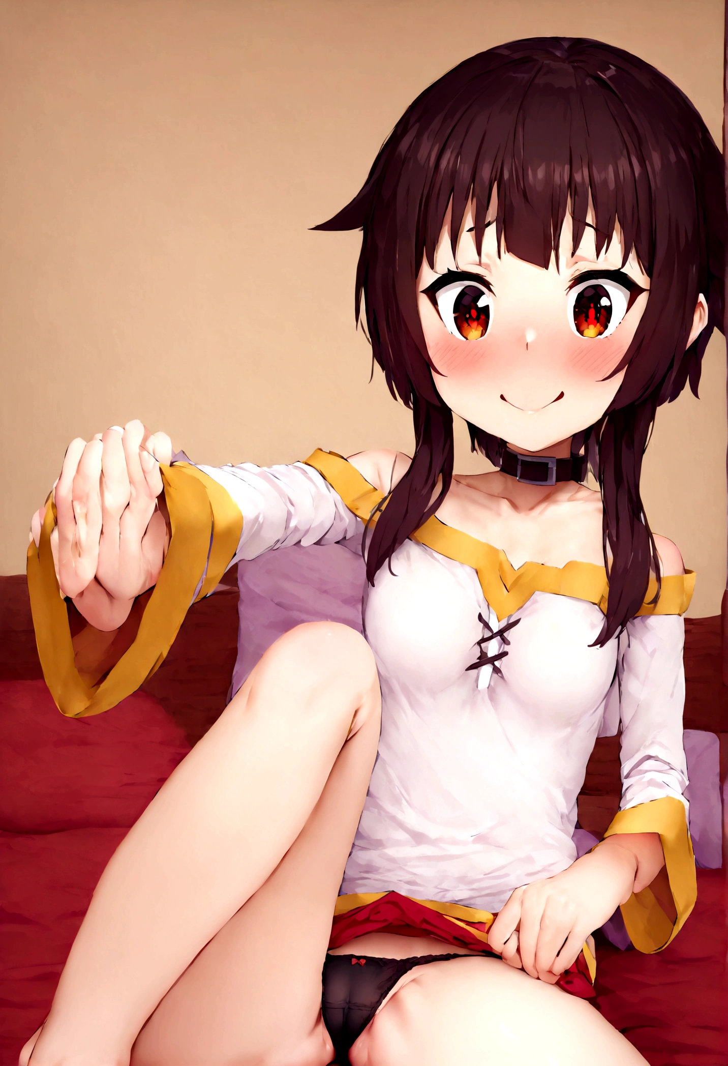 Sitting in bed , taking off her dress showing her black panties , megumi , Konosuba