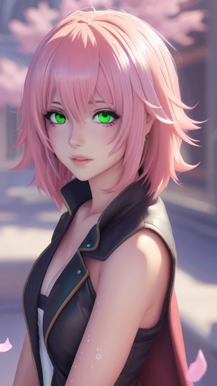 Anime girl with pink hair and green eyes posing for a photo, Lacus Clyne, Best anime 4k konachan wallpaper, Enchanting anime girl, I also make fan art, sakura petals around her, Splash Art Anime , Anime Style 4k, Anime Moe Art Style, High quality anime art style, Detailed anime artwork, Anime Wallpaper, Anime Best Girl