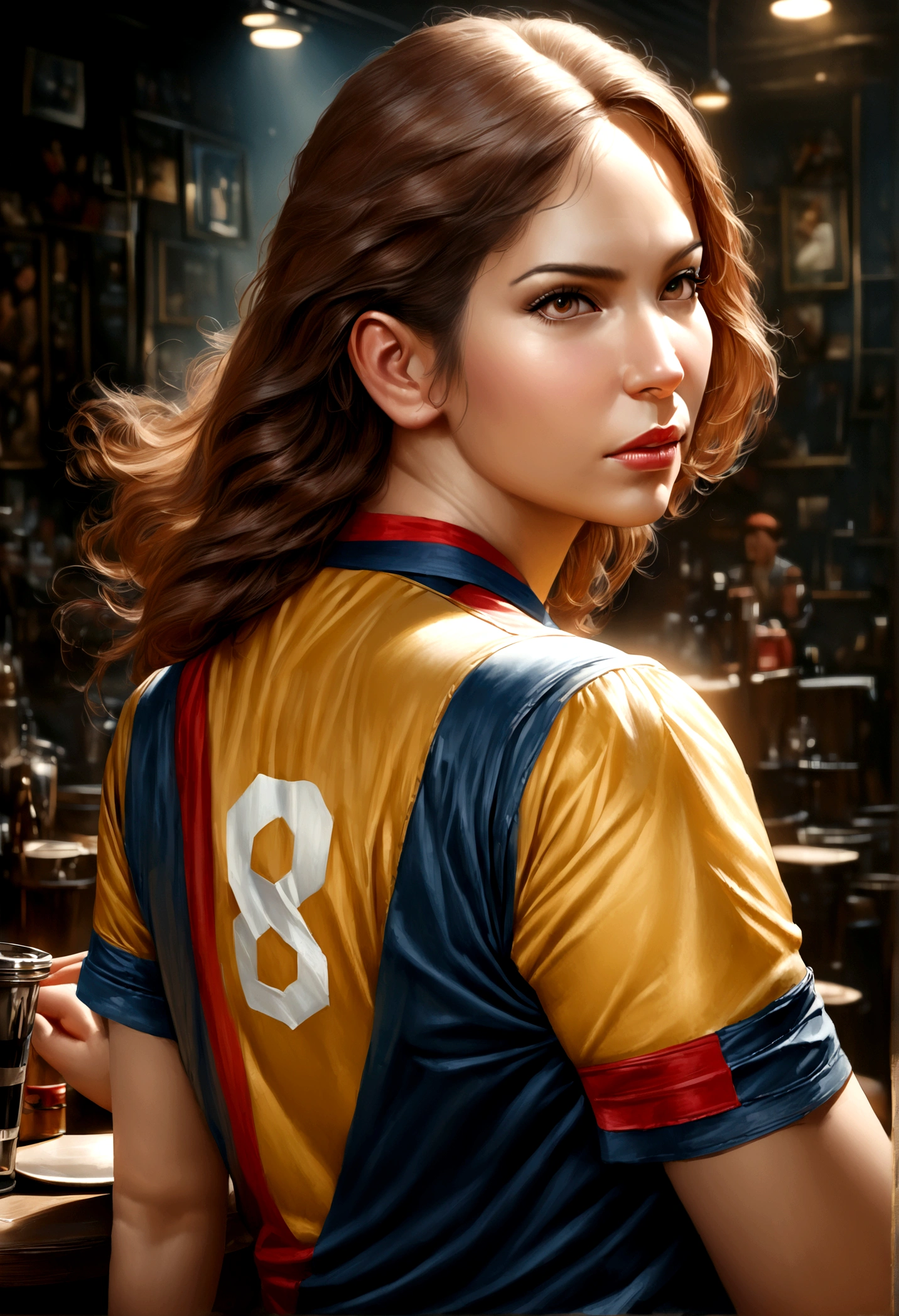 a woman in a colombia jersey with the name stefany and number 8, short brown hair, looking back, (best quality,4k,8k,highres,masterpiece:1.2),ultra-detailed,(realistic,photorealistic,photo-realistic:1.37),highly detailed face,intricate details,expressive eyes,photographic,dynamic pose,warm lighting,vibrant colors,detailed background