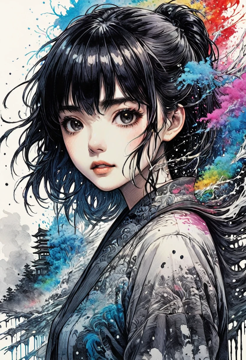 (masterpiece:1.2), ((Intricate details)), Cover art, chaos, Upper Body, One girl, Japanese Girls, Casual Hair, Black Hair, bangs, Forehead hair, high quality, (Ink Random 10 colors), ((Front view)), Dripping from the face, Clothes dripping, Ink dripping, (Additional weight 1:1.0), (Double exposure), Ink painting landscape、Body sideways, face forward