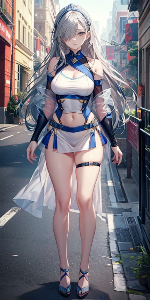  (Mature woman:1.2), Pretty Face, (Delicate eyes), Symmetrical eyes, (Thin lips), (Long hair, Gray hair, Weaving, Hair covering one eye, Hair accessories), (Beautiful round breasts), Full body, Abdominal muscles, Bare belly, Slim waist, (masterpiece, Best quality), Soft ambient lighting, permanent, Front view, city street background, architecture, New York, Bright colors, sunny, Blue sky, Looking at the audience, Slim waist, HD,