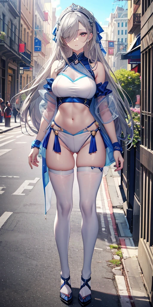 (Mature woman:1.2), Pretty Face, (Delicate eyes), Symmetrical eyes, (Thin lips), (Long hair, Gray hair, Weaving, Hair covering one eye, Hair accessories), (Beautiful round breasts), Full body, Abdominal muscles, Bare belly, Slim waist, (masterpiece, Best quality), Soft ambient lighting, permanent, Front view, city street background, architecture, New York, Bright colors, sunny, Blue sky, Looking at the audience, Slim waist, HD,