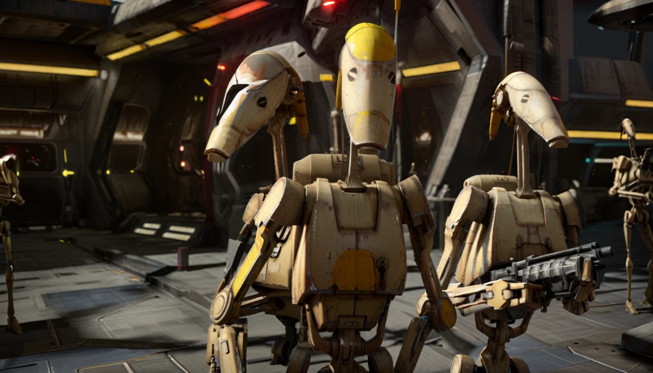 The background is blurred、(Masterpiece、８ｋ、Very detailed and well written、Is being rendered、UE5.0、Best lighting and shadows)、Respect for the original、ＣＧwork、Photorealistic、Beautifully aligned、(A B1 battle droid painted for the Rebels)、Standby、Vision、Coruscant spaceport、Star Wars universe、unmanned