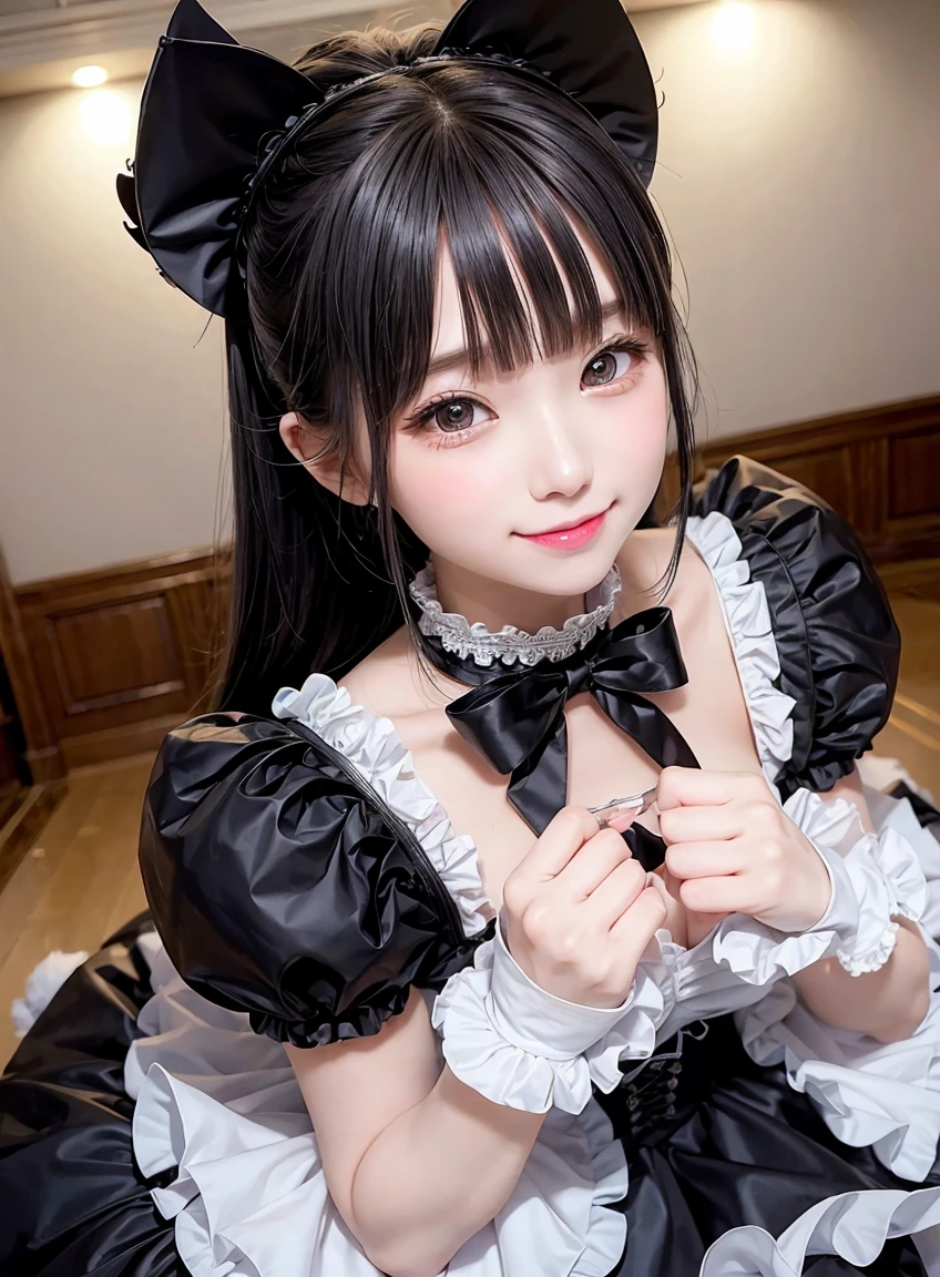 1girl、Lesson 9、Look at the audience、Smile、Gothic Lolita、White and black fluffy outfit、so cute、Overhead shot、Fair and transparent skin、The claws are thin and beautiful,