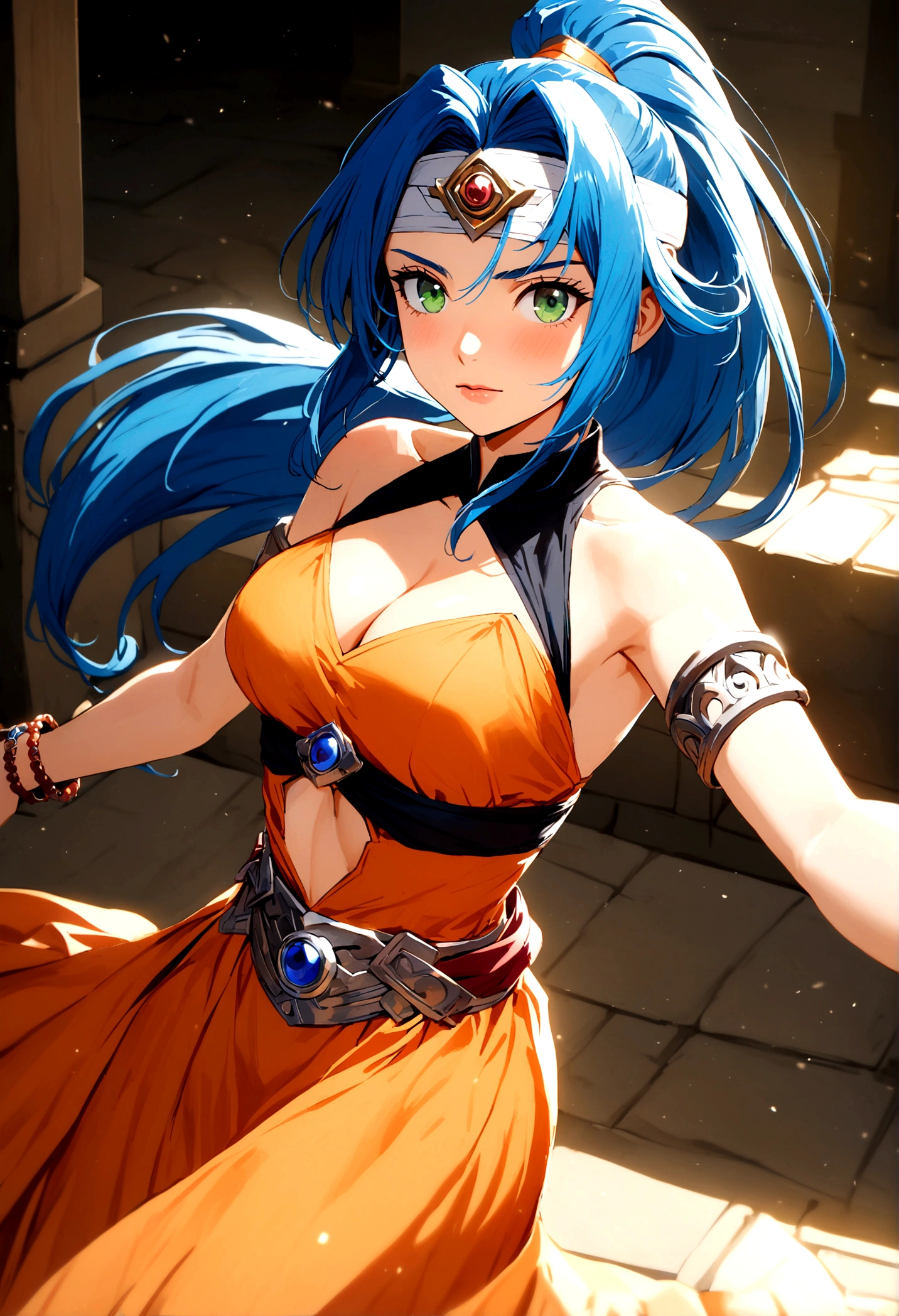 Mariam_Beyblade, 1girl, solo, green eyes, long hair, blue hair, ponytail, orange dress, grey skirt, bracelet, clothing cutout, headband, hair intakes, high ponytail, armlet, cleavage,