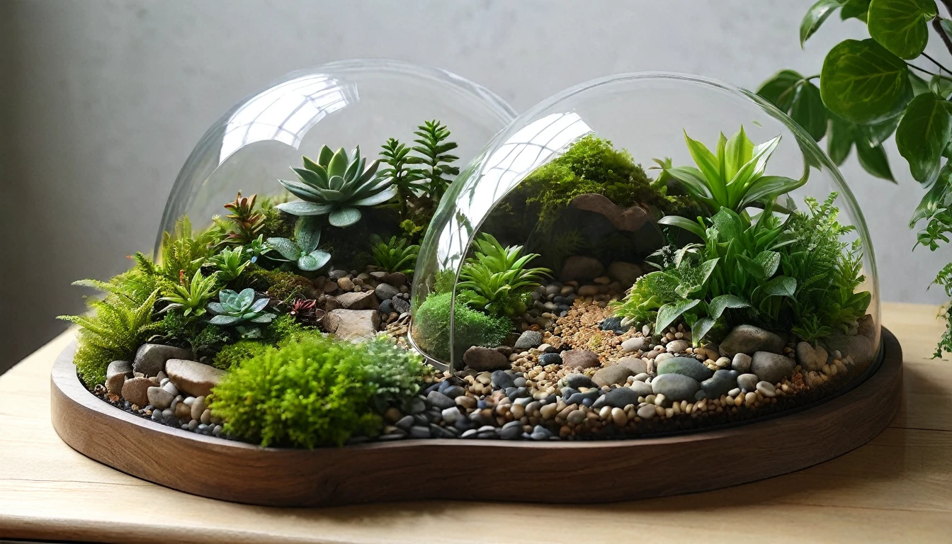 「１Encased in two glass domes、A beautiful and delicate terrarium。Mr.々Various kinds of green plants are harmoniously arranged、Small stones and tree branches are scattered around。Warm natural light pours in、It creates a fantastic atmosphere, as if a small world is spreading inside the terrarium.。Realistic and detailed texture and color、Generate a CG rendered terrarium wallpaper。」