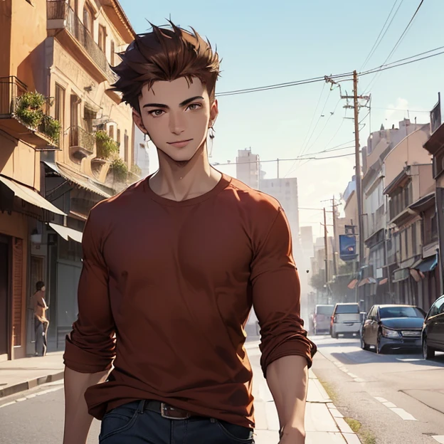 (master piece, best high quality image, very good detailed image, very good detailed character, very good detailed background, very detailed textures, carefully detailed and textures, character alone)
{{((1:character: 19 years old boy, (fair skin, brown eyes, brown spiky hair, relaxed smile, walking alone), (red shirt), (buenos aires street))}}