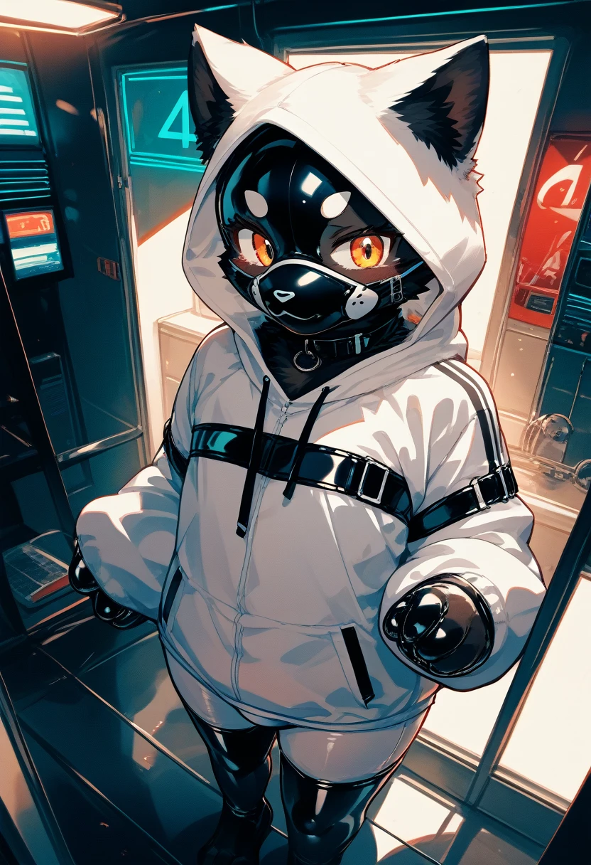 Highest quality, Highest quality, High quality illustrations, masterpiece, Ultra-high resolution, Detailed Background, Games Room, Absurd, Perfect Anatomy, performance, Good lighting, Shadows in the movies(kemono, Furry PersonifiCation), Cat, Dark Skin, Rubber suit, Rubber suit, latex, neon, neonライト, neonカラー, Rubber spats, White rubber hoodie, Rubber mask, ribbon, Embarrassing, Null bulge, male, juvenile, from above