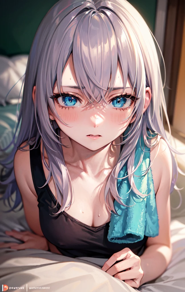 work of art, high resolution, highest quallity, illustration, cinematic light, ultra detaild, face detailed, (((detailedeyes))), best qualityer, hyper detailled, work of art, (face detailed), Alisa Kujou, 1 girl, long hair, blue colored eyes, no clothes just a towel on the bed