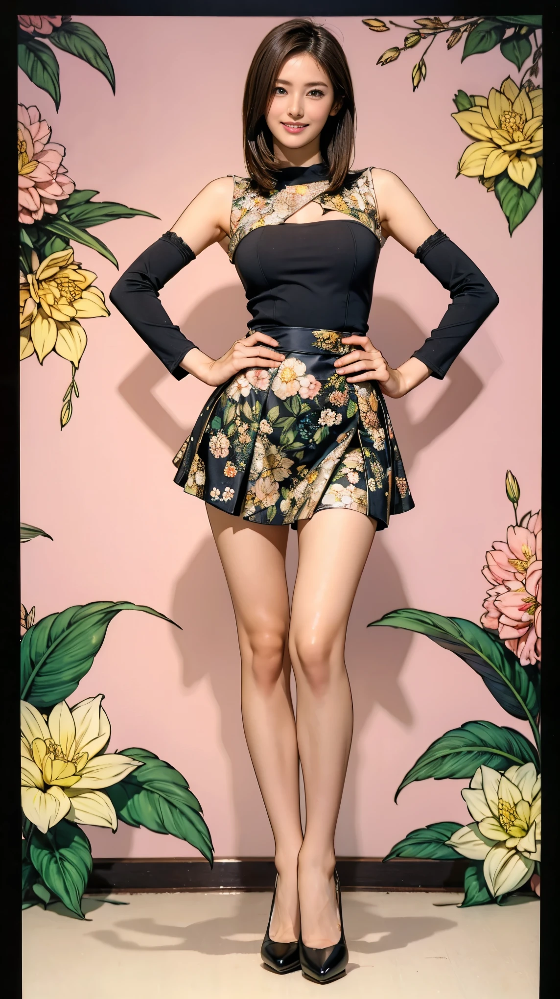 ((masterpiece)),(((Highest quality))),Thin thighs,Long legs,whole body:1.5,(One Girl:1.3),(Black pantyhose and thick pointy heels:1.3),(Wearing a mini mini mini flare skirt dress with floral and ornamental plant patterns:1.2),Short Blonde:1.2、Model pose,high waist:1.5、Standing with legs apart:1.5,A cute pose with hands on hips and chest out:1.5,The best smile:1.5,high waist:1.5