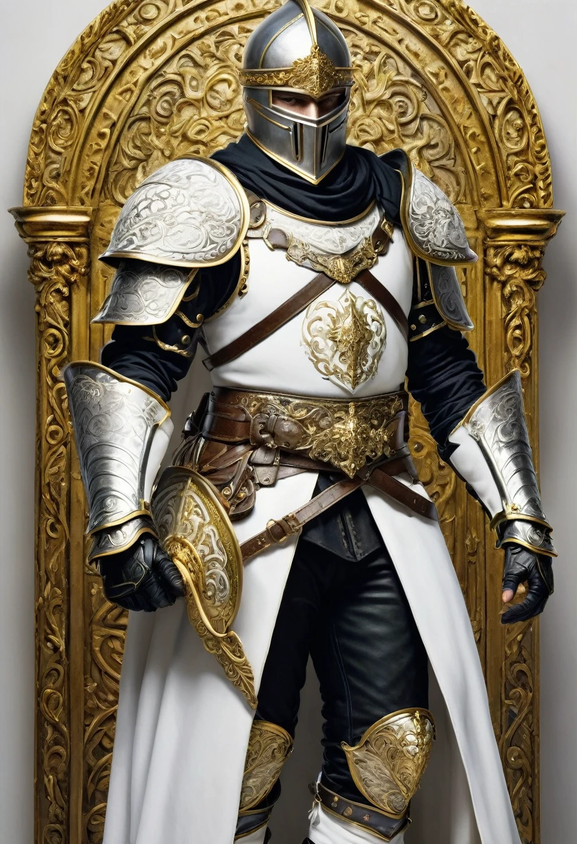 Photo of a male knight, gold ornate white crown helm, face covered,gold and black 4-layer shoulders, (gold-ornate) scale-white-vest, gold-ornate white gauntlets, big leather belt, scale white cuisses, silver greaves, white sabatrons, ((full body)), photo realism, hyper realism, detailed, (((ornate)))