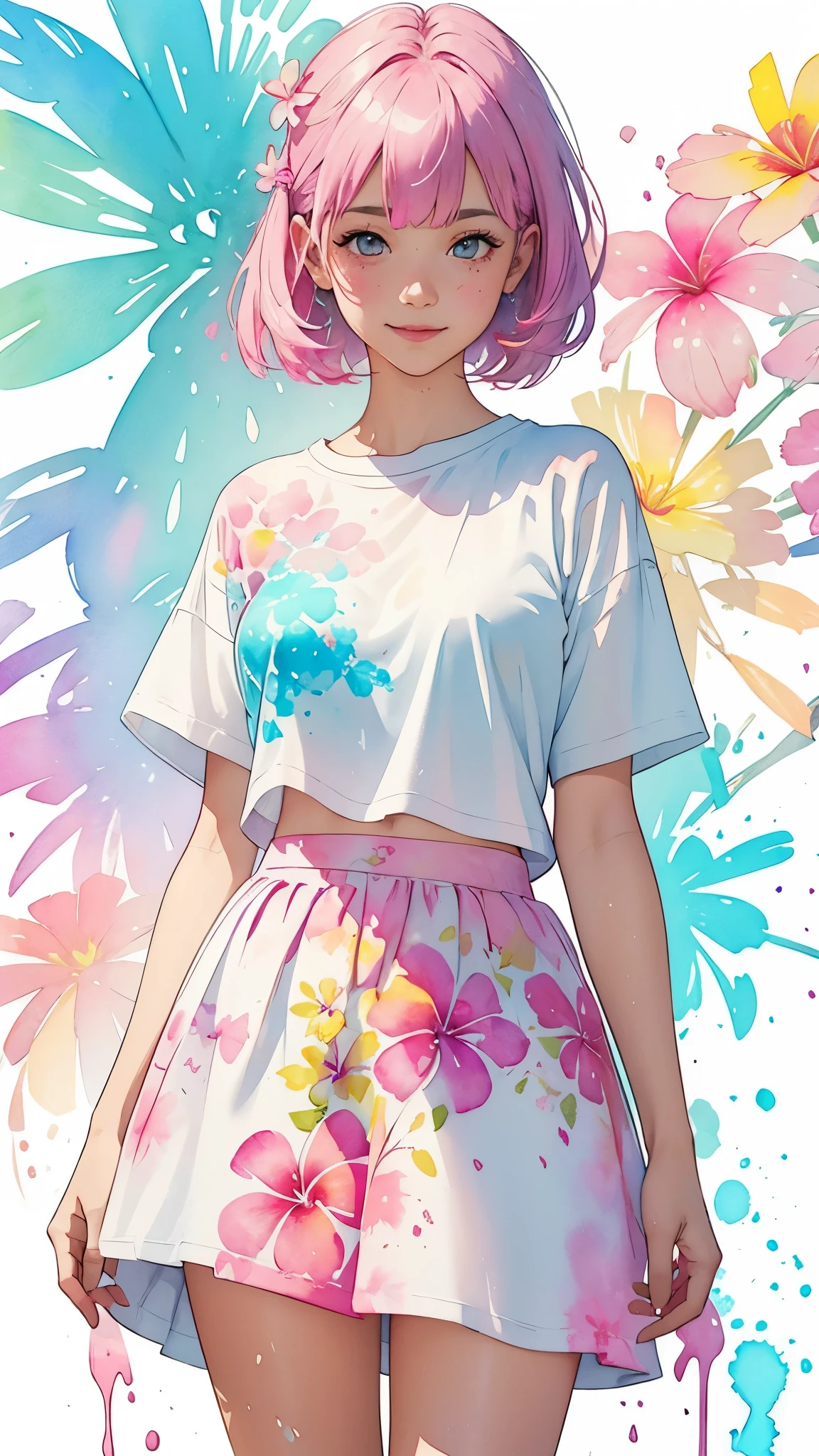 a Plumeria painting with a splatter background and spray paint effect, by Adam hughes, plumeria flower design t-shirt and skirt, color white t-shirt, color pink skirt, upper body centered, multi-color hair,  big happy smile, watercolor art, watercolor painting, watercolor painting style, watercolor detailed art, watercolor digital painting, watercolor paint, masterfully detailed watercolor, watercolor art