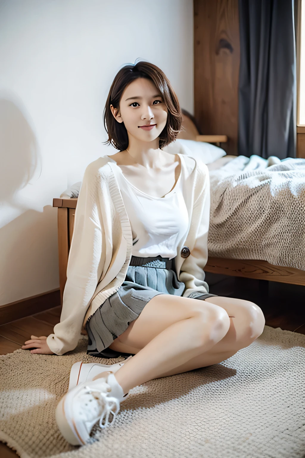 An ultra-high picture quality、Perfect Photo、japanes、A 15 year old beautiful girl from Japan、huge window、medium udder、white t-shirts、Lace curtains、dim room、(Denim Mini Skirt)、sit on sofa、Bun hair、A little panties are visible、