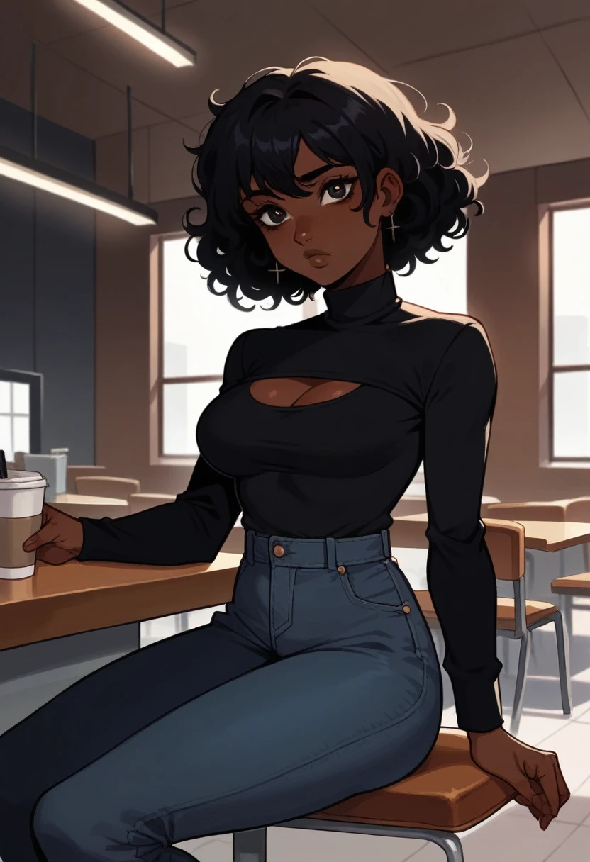 (work of art: 1.2, best qualityer), 1 lady, standing alone, Sitting in a coffee shop style , giorno, sitting down, Bblack hair, extremely curly hair, dark shaped eyes, no cleavage, darkskin, Comfortable clothing style, without bangs , medium breasts, Closed shirt with high collar, latina, high collar shirt closed at the neck 