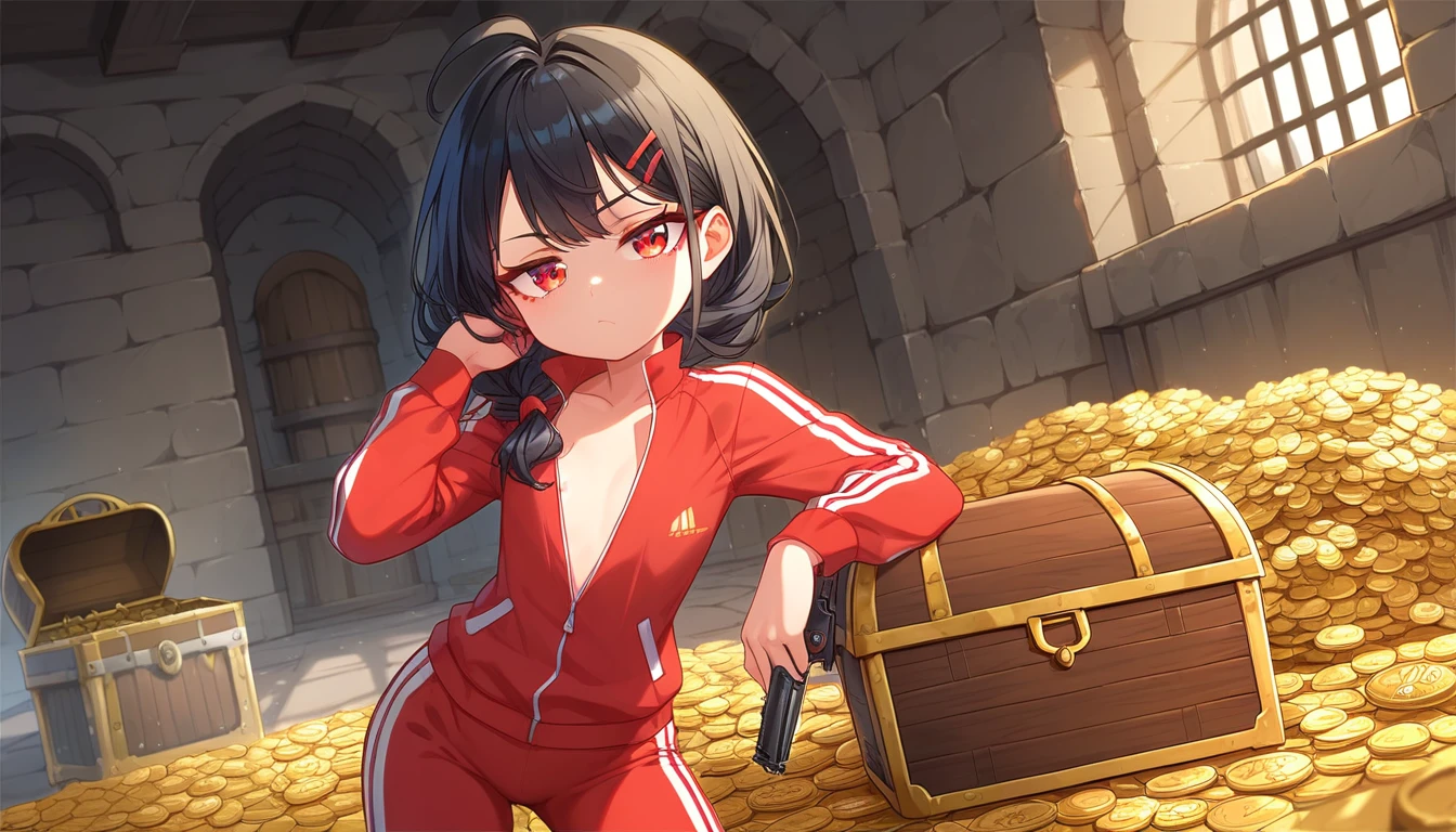 ((1girls:1.3)), ((solo:1.3)), ((tracksuit:1.3)), ((dungeon:1.3)), ((handgun:1.3)), ((moe style:1.3)), ((standing:1.3)), ((red eyes:1.3)), ((treasure chest:1.3)), ((small girl:1.3)), ((flat chest:1.3)), ((bored look:1.3)), ((pile of gold coins:1.3)), ((black hair:1.3)), ((perfect face)), ((extremely cute:1.3)), ((masterpiece:1.3)), ((8k)), ((best quality:1.3)), ((beautiful)), ((extremely detailed:1.3)) , ((absurdres)), AddXL, ((score_9:1.3)), ((score_8_up:1.3)), ((score_7_up:1.3)), Expressiveh