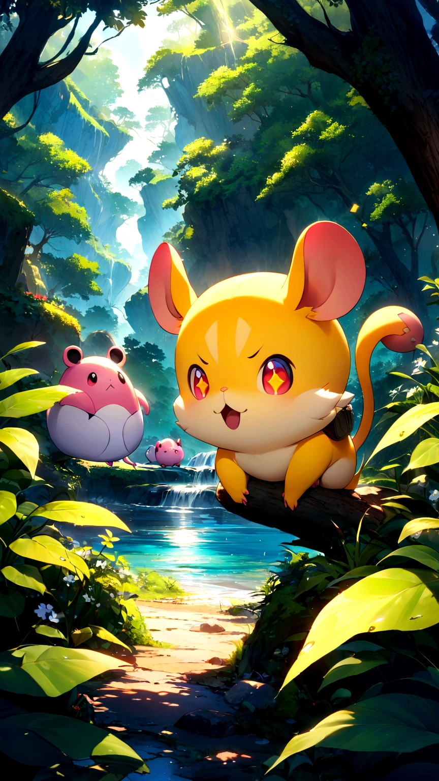 Create an ultra-high-quality anime-style image of a small, yellow, electric mouse-like creature with large, expressive eyes and red cheeks. This iconic character should have long, pointy ears with black tips and a lightning bolt-shaped tail. The creature is known for its playful and energetic personality. Focus on the character prominently in the center of the image, highlighting its details with meticulous attention. The background should feature a vibrant, natural setting with lush greenery and sparkling water, but remain subtle to keep the focus on the character. The lighting should emphasize the texture of the character's yellow fur and the vibrant colors of the environment. The overall image should be a stunning CG masterpiece, capturing the essence of this beloved electric creature from the world of pocket monsters. Ensure the character is the main focal point of the image.