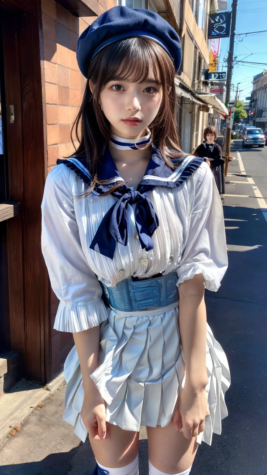 (absurdres:1.3), (highres:1.3), (ultra detailed:1.3),(1girl:1.3), (extremely detailed CG unity 8k wallpaper:1.3), (detailed skin texture, detailed cloth texture, detailed hair texture), (beautiful detailed face, supermodel, pale skin, realistic glistening skin), (RAW photo, best quality), (realistic, photo-realistic:1.4), masterpiece, extremely delicate and beautiful,Amazing, finely detail, extremely detailed CG unity 8k wallpaper, huge filesize, ultra-detailed, highres, absurdres, soft light,rim light, vibrant details, hotel room, straight hair, large breasts, black hair color, Big Natural Color Lip, (perfect body shape), beautiful legs, (white (skirt, pleated skirt):1.5), (white beret with light-blue ribbon:1.4), (blue sailor collar:1.4), (white shirt:1.4), (double-breasted on deep-blue waist cincher:1.3), (short bishop-sleeve:1.3), (light-blue ribbon:1.3), ((white socks, loafers):1.2), crying a little、Harajuku style、20 year old girl、cute type、lolita、