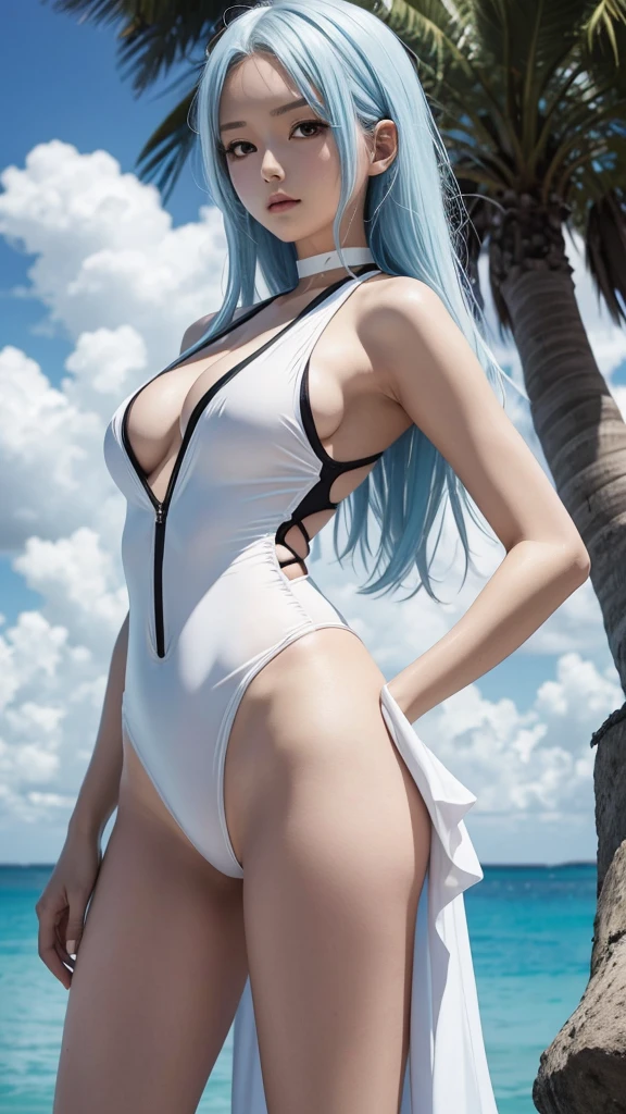 One piece anime, sexy woman, transparent white extremely tight and very small one-piece swimsuit, loose black skirt, white hair with blue highlights, NSFW, 