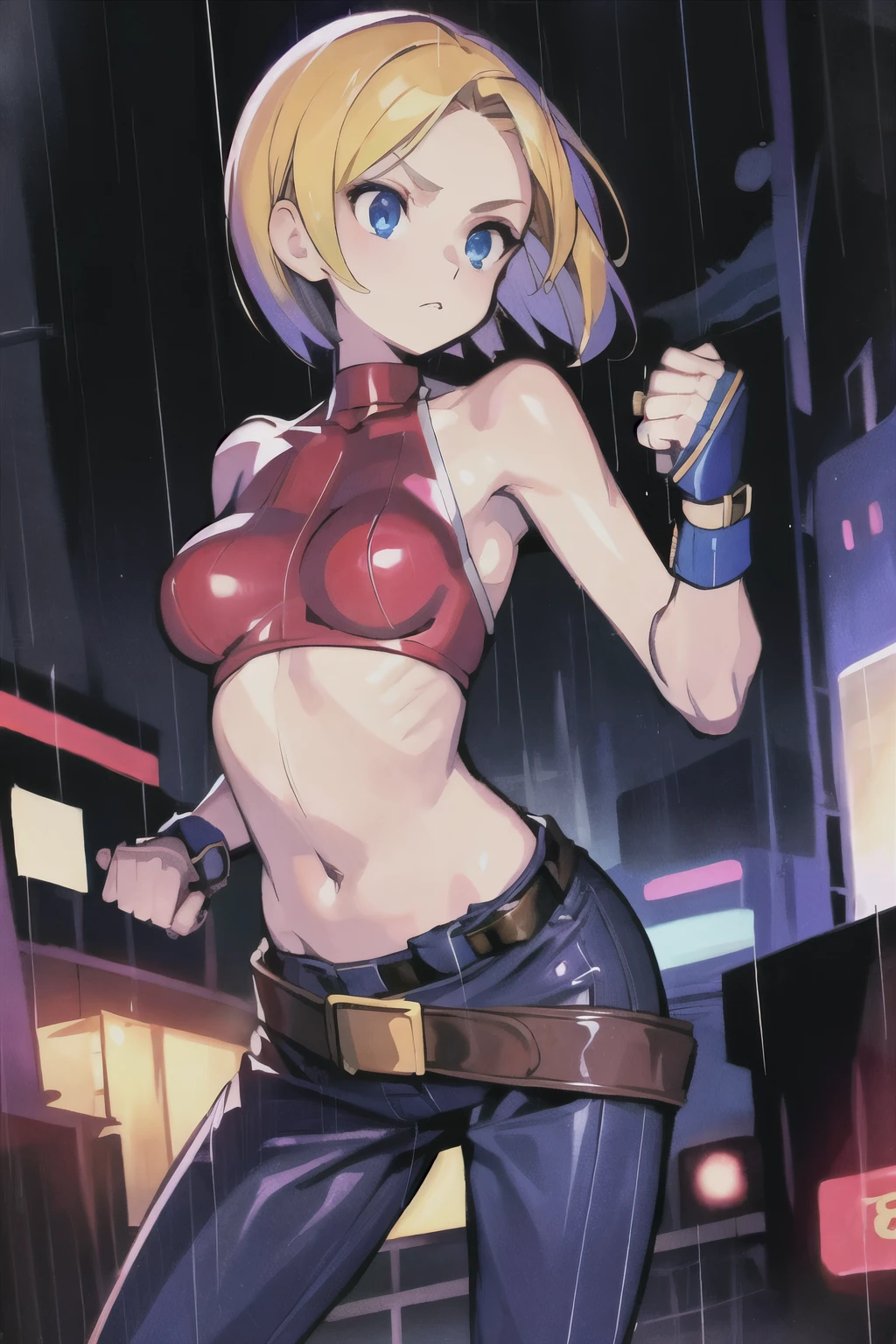 maryms,Best Quality,(beauty),masterpiece, 1girl,phisically-based render ,ultra highres,narrow waist, skinny,big eyes,long legs,(small breasts),puffy eyes, night,(rainy city), shiny skin, facing viewer, fighting stance, (make a fist),firm expression,