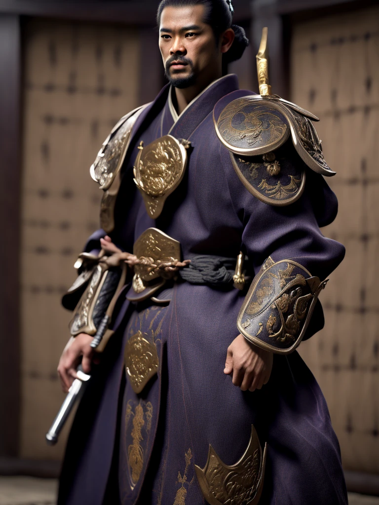 Imagine a samurai of about 35 years old, with impeccable posture and a presence that exudes discipline and honor. He has 1,80 metro de altura, a strong physical constitution, but agile, indicating years of rigorous training and intense combat. Your skin is tanned by the sun, with some unobtrusive scars that tell stories of past battles.
Your face is serious and determined, with angular and well-defined features. The eyes are dark, deep and observant, transmitting wisdom acquired through a life dedicated to the warrior's path. He has thick, well-defined eyebrows, that further accentuate his resolute expression. The hair is black and long, tied into a traditional bun on top of the head, leaving just a few loose strands to fall around the face.
He wears traditional samurai armor, composed of finely crafted iron plates, painted a deep red and decorated with gold details. Over the armor, wears a black haori with the symbol of his clan embroidered in white on the back. Has no armor but has an elegant kimono, allowing freedom of movement.
On your waist, carries two swords: A Katana and a Wakizashi, both with polished wooden scabbards and gold details. The katana has a long, curved blade, with an extremely sharp edge, while wakizashi is shorter, but equally lethal. Both swords are family heirlooms, transmitted from generation to generation.
Your feet are shod in war sandals, feitas de couro resistente, that allow you to move silently and quickly. Every step you take is precise and controlled, demonstrating his rigorous training and dedication to bushido, the samurai code of honor.