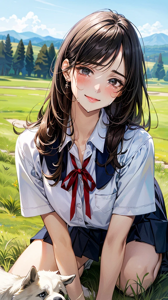 (masterpiece:1.2, top-quality, ultra high res, ultra detailed), (realistic, photorealistic:1.4), beautiful illustration, (natural side lighting, movie lighting),
looking at viewer, (face focus, upper body), 1 girl, japanese, high school dirl, perfect face, (perfect anatomy), cute and symmetrical face, baby face, shiny skin, slender
(long hair:1.5, straight hair:1.2, sark brown hair), parted bangs, grey eyes, long eye lasher, (medium breasts),
beautiful hair, beautiful face, beautiful detailed eyes, beautiful clavicle, beautiful body, beautiful chest, beautiful thigh, beautiful legs,
((detailed cloth texture, short sleeve white collared shirts, navy blue pleated mini skirt, red neck ribbon), , ,
(beautiful scenery), hands on chest, (lovely smile, upper eyes),
In a grassy meadow, a girl is on all fours, being held by a large dog in heat from behind, on her back, and mating.
Her face was bright red, her eyes were closed, her mouth was open, and she was crying.
The skirt was so short that it was almost impossible to see.