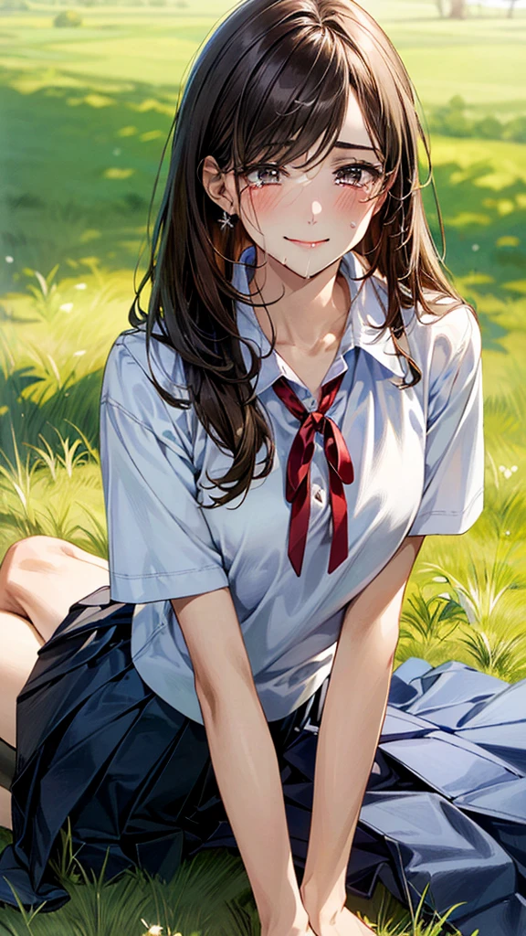 (masterpiece:1.2, top-quality, ultra high res, ultra detailed), (realistic, photorealistic:1.4), beautiful illustration, (natural side lighting, movie lighting), 
looking at viewer, (face focus, upper body), 1 girl, japanese, high school dirl, perfect face, (perfect anatomy), cute and symmetrical face, baby face, shiny skin, slender
(long hair:1.5, straight hair:1.2, sark brown hair), parted bangs, grey eyes, long eye lasher, (medium breasts), 
beautiful hair, beautiful face, beautiful detailed eyes, beautiful clavicle, beautiful body, beautiful chest, beautiful thigh, beautiful legs, 
((detailed cloth texture, short sleeve white collared shirts, navy blue pleated mini skirt, red neck ribbon), , , 
(beautiful scenery), hands on chest, (lovely smile, upper eyes), 

In a grassy meadow, a girl is on all fours, being held by a large dog in heat from behind, on her back, and mating.
Her face was bright red, her eyes were closed, her mouth was open, and she was crying.
The skirt was so short that it was almost impossible to see.